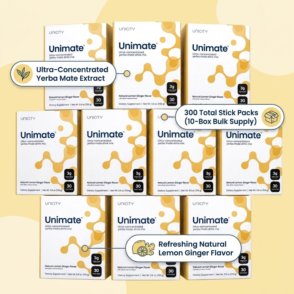 Unimate Concentrated Yerba Mate Drink Mix – Natural Lemon Ginger (10-Box Bulk Supply / 300 Stick Packs)